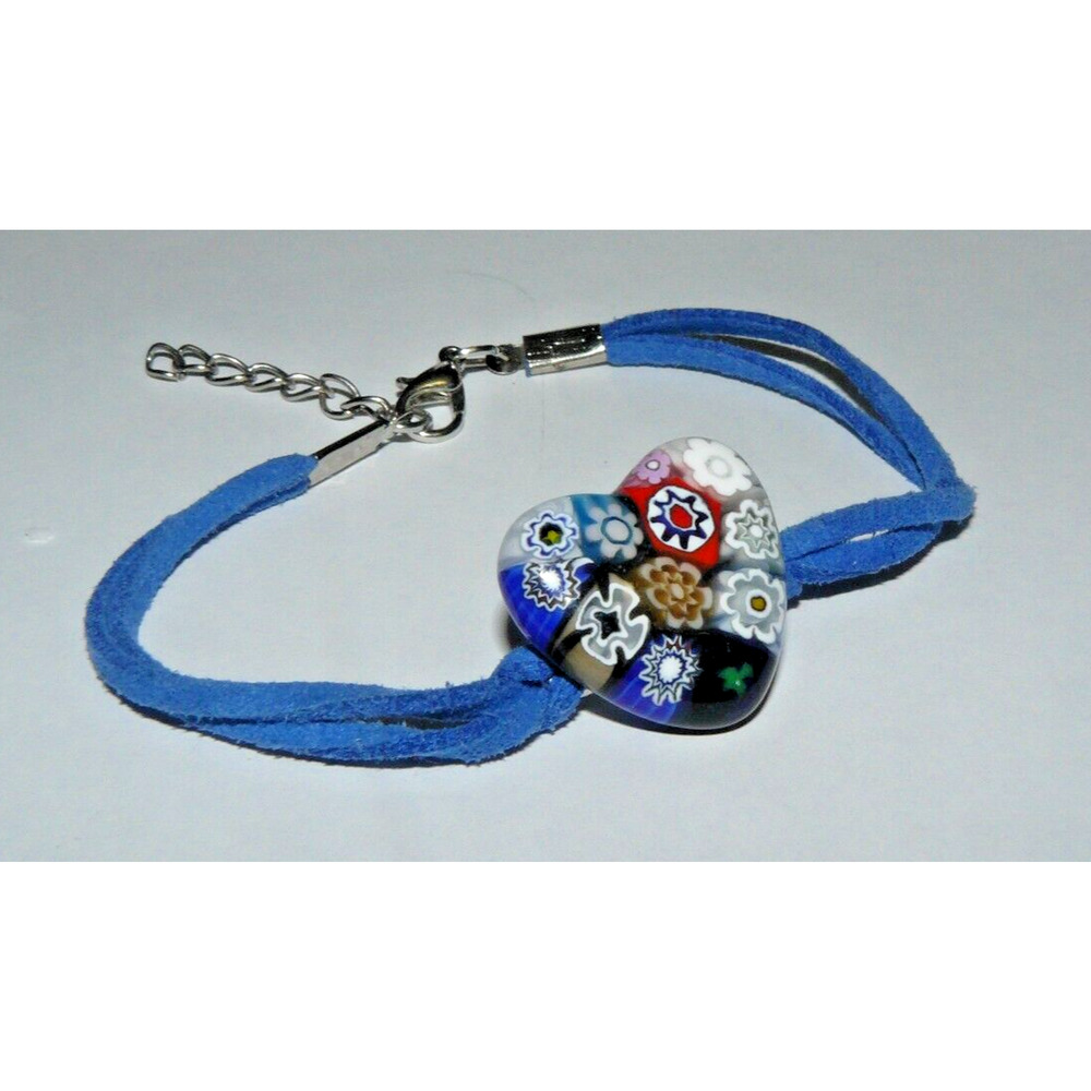 Murano Glass Millefiori Heart Bracelet Blue with extender 7.25-8.25"